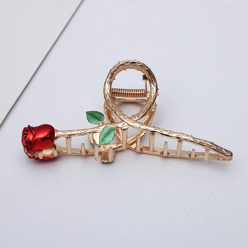 Red Elegant Rose Metal Hair Claw Clips, Large Shark Clips Non-Slip Barrettes for Strong Hold, Fashion Accessories for Long Thick Thin Curly Hair