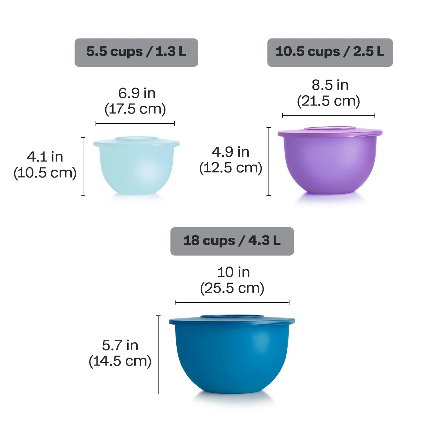 Tupperware Impressions Classic 3 Piece Food Storage Bowl Set in Blue and Purple, Dishwasher Safe and BPA Free (3 Containers, 3 Lids)