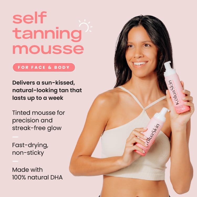 KoluaSkin by KoluaWax Self Tanner Mousse, Dark - Natural-Looking Sunless Body Fake Tan - Dries Quick w/No Streaks, Hydrates Skin - Light Tropical
