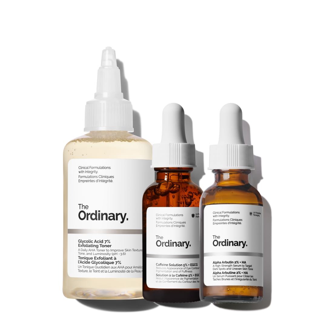 The Ordinary The Bright Set, 3-Step Regimen for Radiant, Even Skin Tone with Glycolic Acid 7% Exfoliating Toner, Alpha Arbutin 2% + HA, and Caffeine