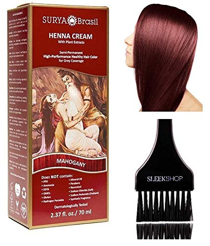 Surya Brasil All Natural HENNA Hair Color CREAM Plant Extracts, Semi-Permanent for Grey Coverage (with Brush) Brazil (MAHOGANY)