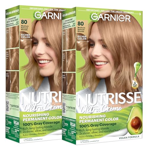 Garnier Nutrisse Ultra Crème Hair Color, Permanent Hair Dye with 100% Gray Coverage, Vegan & Cruelty-Free, 80 Medium Natural Blonde (Butternut), 2