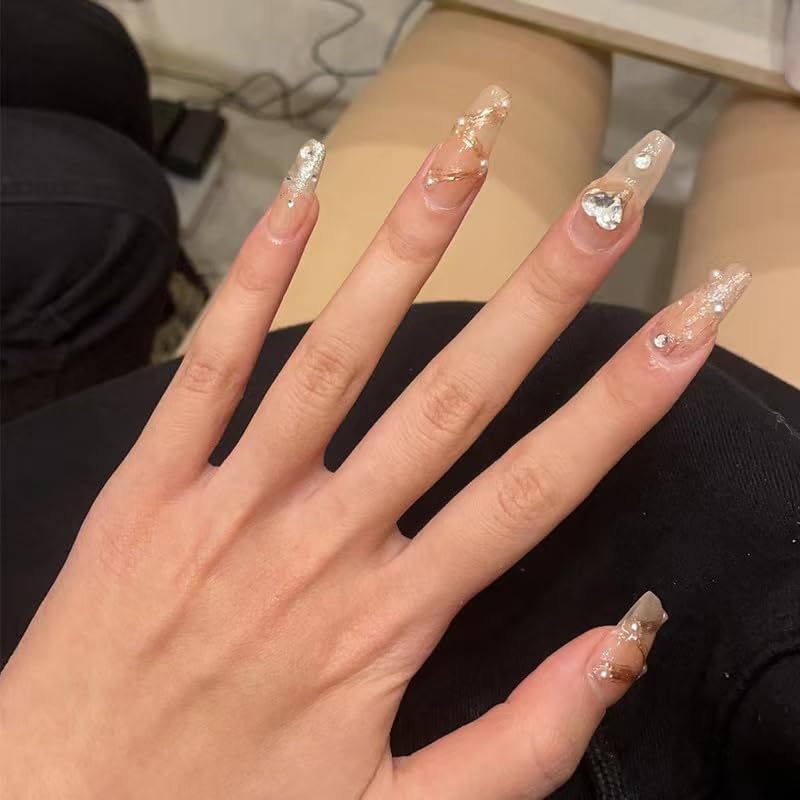 Spice Girl popular wearing a long ice transparent love diamond nail patch nail nail nail nail film (Brown, Medium) Beauty & Personal Care Shi Man