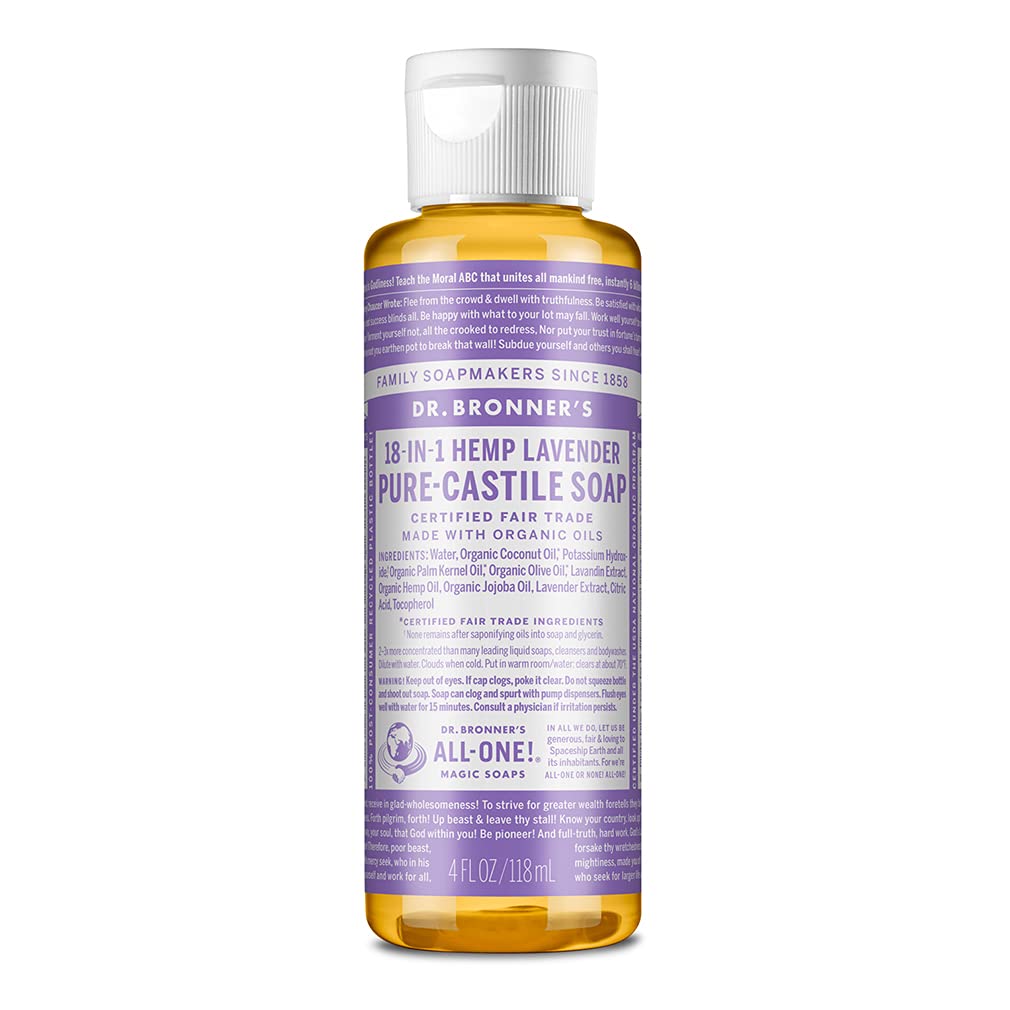 Dr. Bronner's - Pure-Castile Liquid Soap (Lavender, 4 ounce) - Made with Organic Oils, 18-in-1 Uses: Face, Body, Hair, Laundry, Pets and Dishes