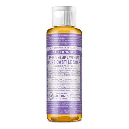 Dr. Bronner's - Pure-Castile Liquid Soap (Lavender, 4 ounce) - Made with Organic Oils, 18-in-1 Uses: Face, Body, Hair, Laundry, Pets and Dishes