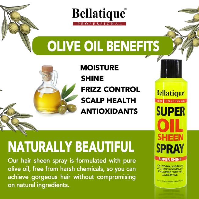 BELLATIQUE Super Oil Sheen Spray (6.76 oz) - Super Shine. Lightweight, Hydrating, Anti-Frizz, Non-Greasy, Revitalizing, Soothes, Long Lasting, Deep