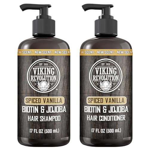 Viking Revolution Spiced Vanilla Mens Shampoo and Conditioner Set with Biotin and Jojoba Oil - Natural Hair Shampoo and Hair Conditioner for Men