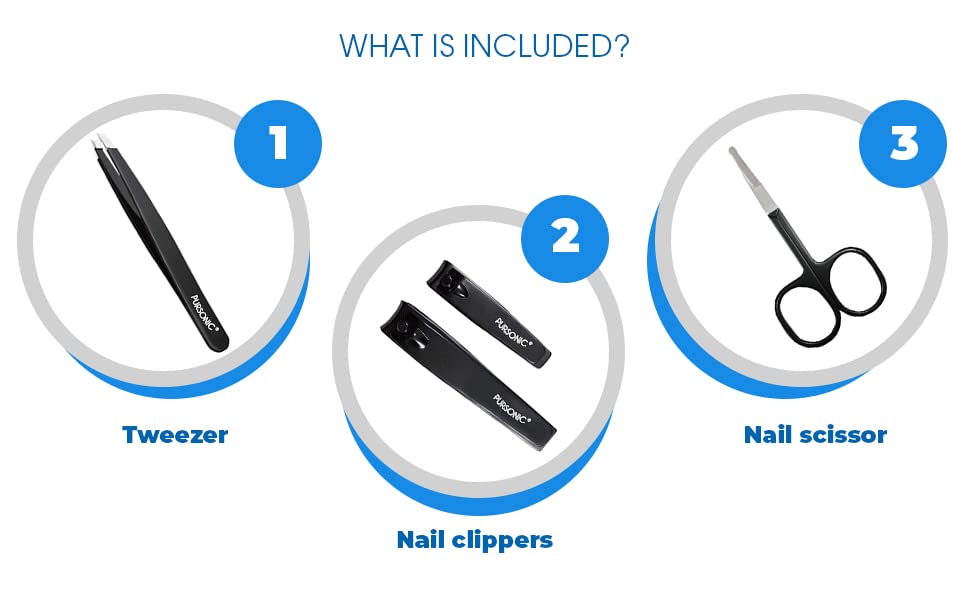 Pursonic | Salon Quality Manicure Tool Kit for Manicures & Pedicures, Includes Nail Clippers, Tweezers & Nail Scissors - Durable Stainless Steel