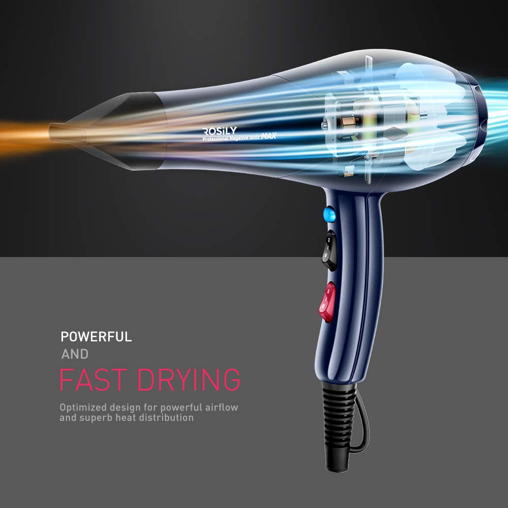 ROSILY Professional 2200W Ionic Ceramic Hair Dryer | Fast Drying Salon Quality Blow Dryer with Nozzle Attachments for Smooth Shine and Silky Hair |