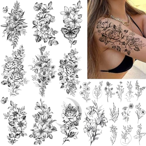 CHARLENT 23 Sheets Flower Temporary Tattoos For Women - Waterproof Realistic Rose Orchid Tattoos Tiny Branch Sketch Fake Tattoos for Women Body Art Beauty and Personal Care CHARLENT Default Title