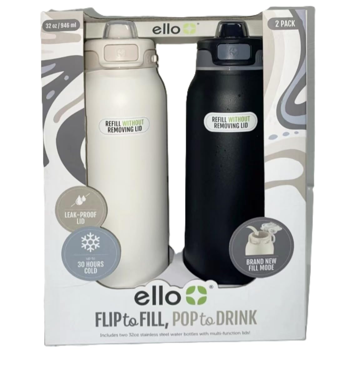 Ello Pop & Fill 32oz. 2-Pack Stainless Steel Water Bottle with QuickFill Technology, Dunes/Charcoal