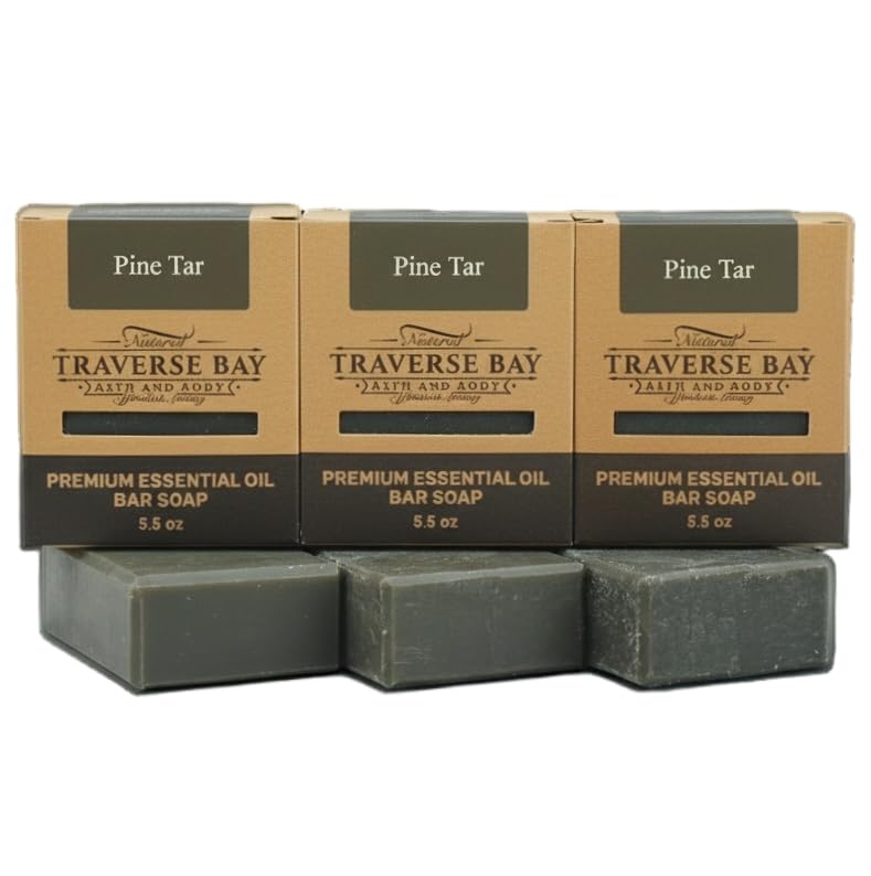 Traverse Bay Bath and Body Pine Tar Soap - Natural Cold Process Handmade Soap with Essential Oils - Pine Tar For Men With Activated Charcoal