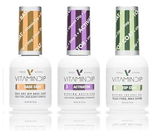 Triple Vitamin Dip Powder Nail Liquid Set - Gel Base Activator Gel Top Set 3 (Step 2-4) 18ml - NO LED UV/LAMP Needed, Color French Pink White Nail Beauty & Personal Care Triple Vitamin Dip
