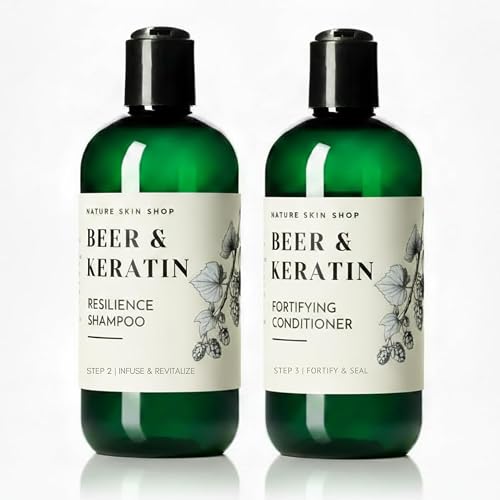 Nature Skin Shop Beer Shine Keratin Shampoo and Conditioner Set - Strengthening & Volumizing Duo for Damaged, Dull Hair - Restores a Luminous Look