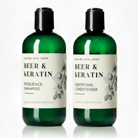Nature Skin Shop Beer Shine Keratin Shampoo and Conditioner Set - Strengthening & Volumizing Duo for Damaged, Dull Hair - Restores a Luminous Look