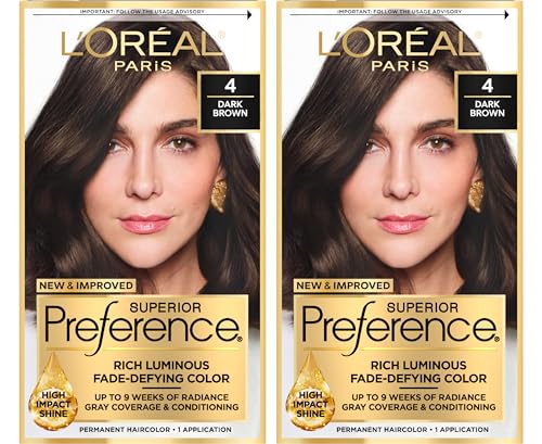 L'Oreal Paris Superior Preference Luminous Fade-Defying Permanent Hair Color, Hair Dye For Up to 9 Weeks of Radiance, Dark Brown 4, 1 Hair Dye Kit
