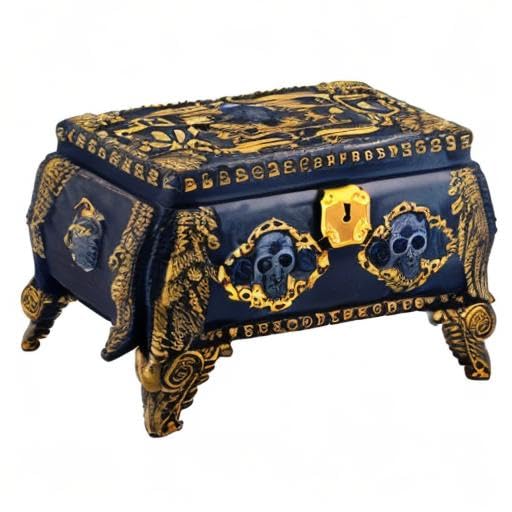 Gold and Black Skull Jewelry Holder Box Container with Mirror Inside