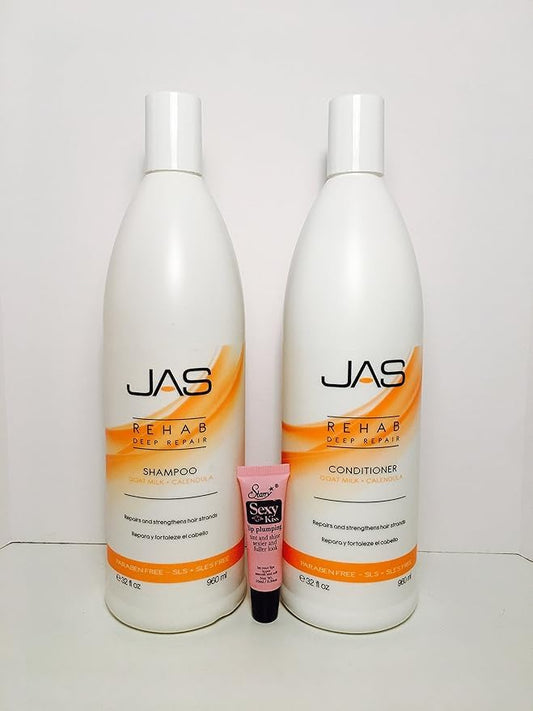 JAS Rehab Deep Repair Goat Milk + Calendula Shampoo 32 Oz and Conditioner 32 Oz "Free Starry Lipgloss 10 Ml" Beauty & Personal Care JAS Systems