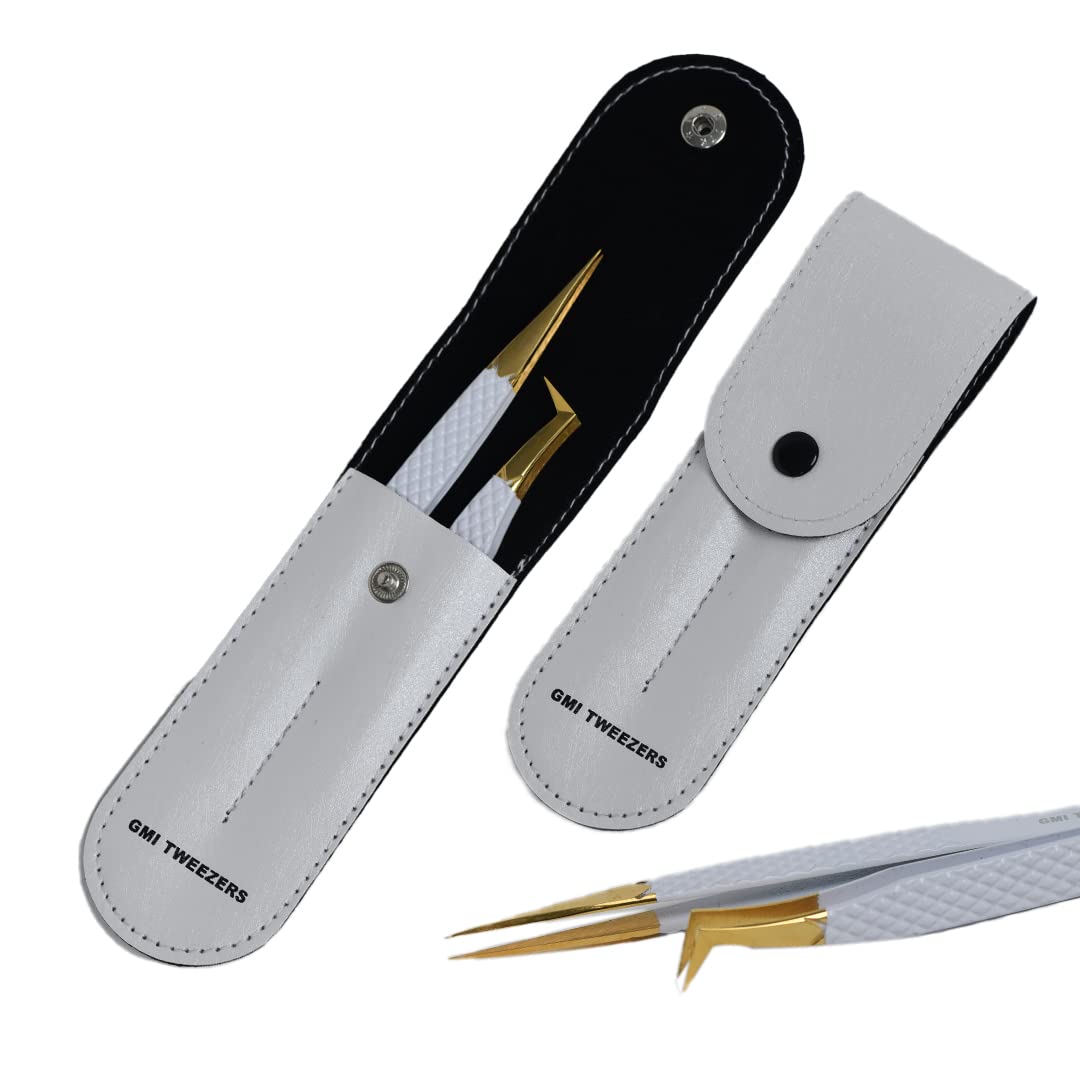 2pcs White Straight and L-Shaped (Boot) Gold Pointed Eyelash Tweezers for Lash Extension - Stainless Steel Precision Tweezers for Volume and Classic