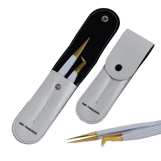 2pcs White Straight and L-Shaped (Boot) Gold Pointed Eyelash Tweezers for Lash Extension - Stainless Steel Precision Tweezers for Volume and Classic