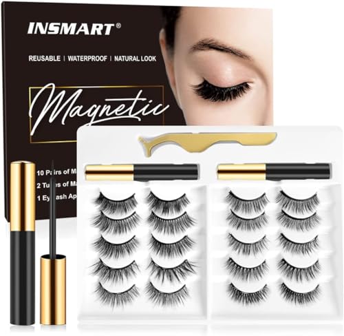 Magnetic Eyelashes with Magnetic Eyeliner Kit -10 Pairs Upgraded 3D 5D Magnetic Eyelashes Kit with Tweezers & 2 Tubes of Magnetic Eyeliner, Reusable