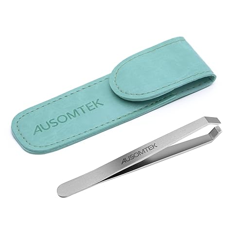 Ausomtek Beard Tweezers, White Hair Plucking Tweezers, Stainless Steel, Fine Hair Removal Tweezers, Eyebrows Shaping Tool, 5mm Tip, Cyan PU Case