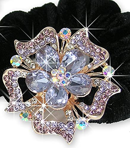 Jeweled Flower Elastic Hair Tie Scrunchie - Set of 2 - White Gold Color Metal with Decorative Blue and Pink Rhinestone Crystals - 1.75"W