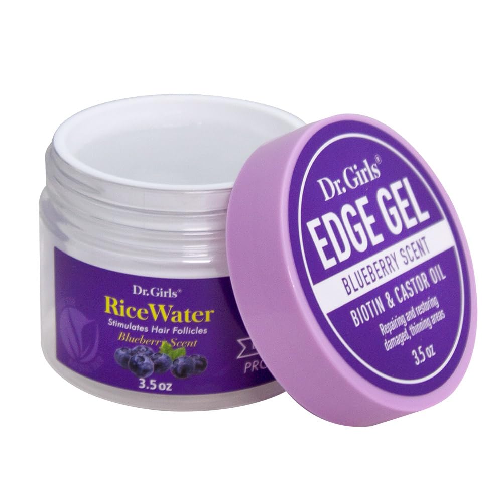 Dr. Girls Rice Water Edge Gel - Extra Mega Hold for Cornrows, Locs & Twists with Biotin, Castor Oil 3.5oz (Blueberry)