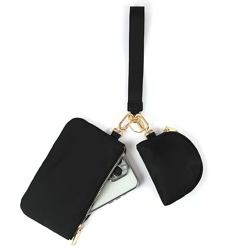 Mini Zip Around Wristlet Keychain Wallet for Women Detachable Dual Pouch Wristlet Portable Phone Coin Purse Coin Pocket (Black+Gold)