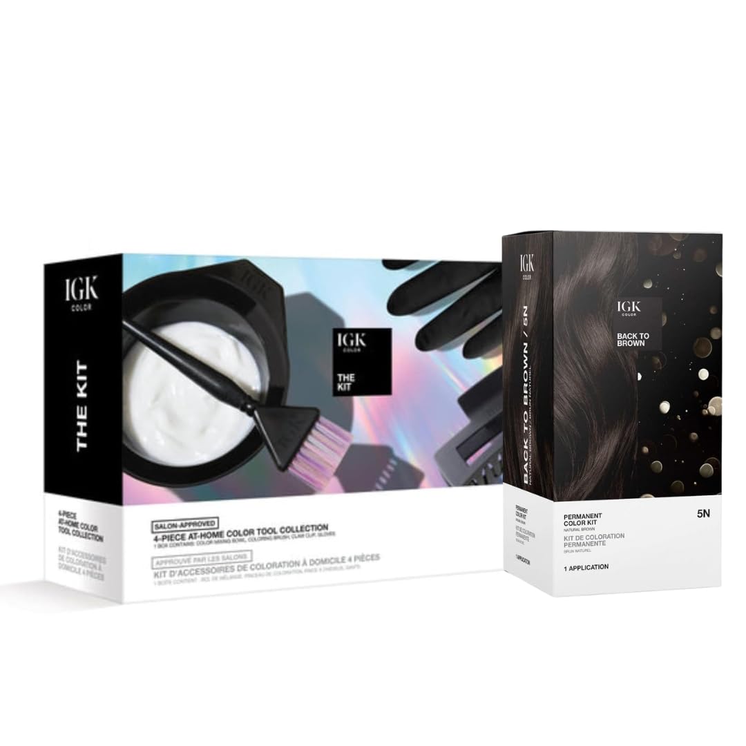 IGK Permanent Hair Dye Color Kit + At-Home Color Tools Set | 5N Back To Brown-Natural Brown, 100% Gray Coverage | Salon-Quality Application | 4.75 oz
