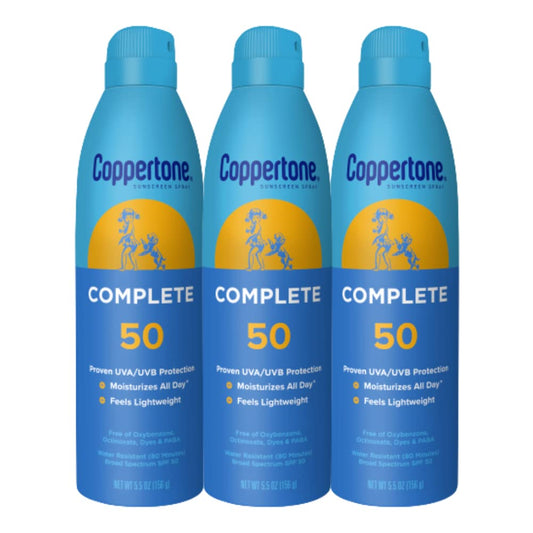Coppertone Complete Sunscreen Spray SPF 50, Spray Sunscreen for Body, Lightweight, Water Resistant, 5.5 Oz, Pack of 3