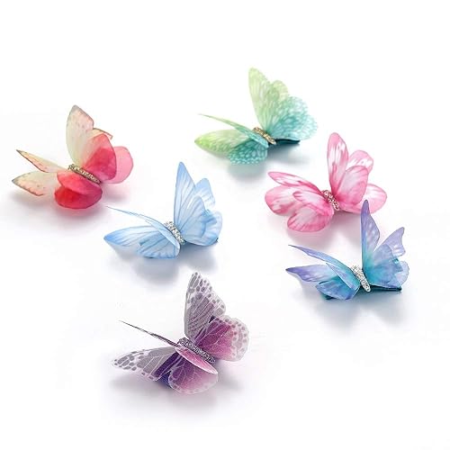 Liasun 6Pcs/pack 3D Colorful Organza Butterfly Hair Clips - Chiffon Fairy Wings - Ribbon Wrapped Clips 0.4Inch Barrettes Hair Accessories