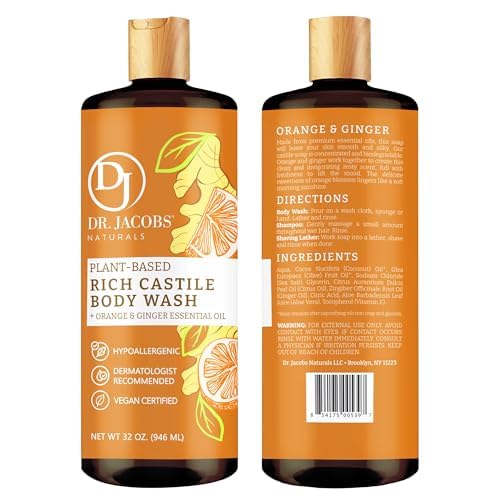 Dr. Jacobs Naturals Pure Castile Soap Liquid Body Wash, Orange & Ginger - Plant Based Soap Infused with Vitamin E & Aloe Vera to Moisturize Dry
