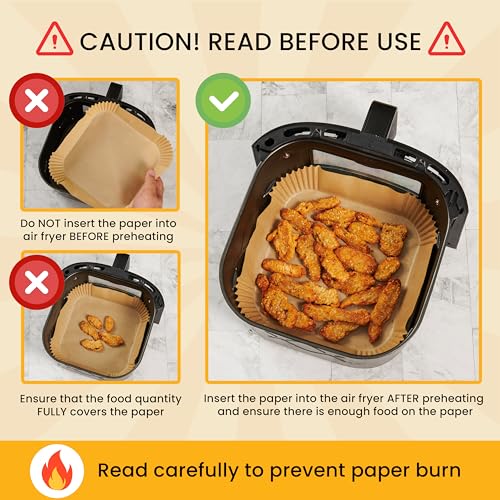 Baker's Signature Air Fryer Paper Liners, 125-Pack Disposable 8" Square, Non-Stick & Oil-Proof for 5-8 Qt Baskets, Easy Cleanup