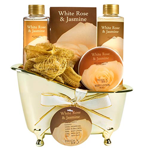 White Rose Jasmine Spa Set For Women in Elegant Gold Tub Includes Shower Gel, Bubble Bath, Body Lotion, Jasmine Bath Salt, Pouf, Award Winning Bath