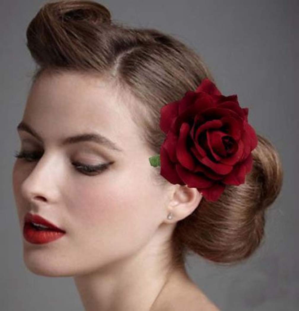 HOLY KT Handmade Women's Dark Red Velvet Rose Flower Wreath Hair Clip and Pin, Flamenco Dancer Style (Deep Red) one size