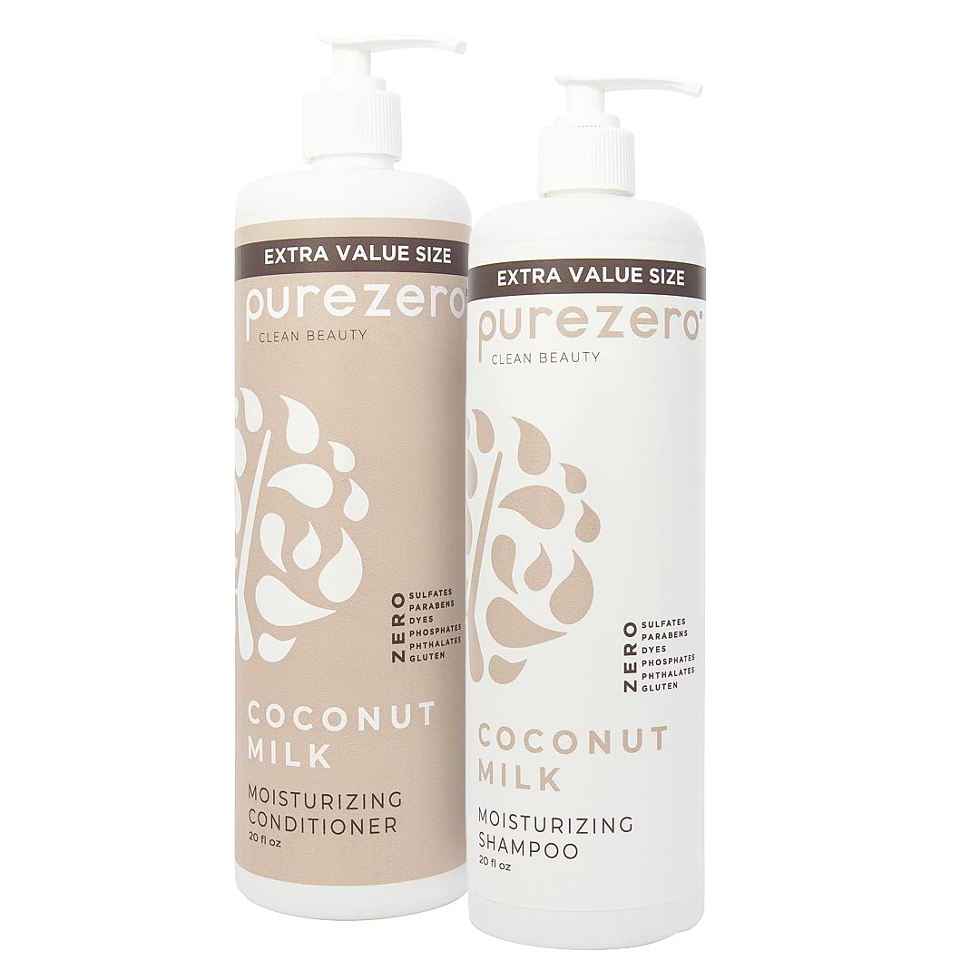 Purezero 20 Oz Value Pack Coconut Milk Shampoo & Conditioner Set, Bulk Pack, Intense Hydration & Increase Shine, Fight Dandruff & Frizz, Zero