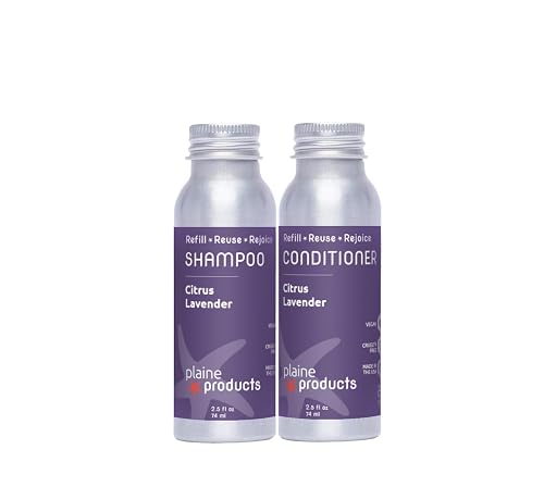 Plaine Products Eco-Friendly Travel Size Shampoo and Conditioner - Citrus Lavender - Paraben/Sulfate/Phthalate Free, 2.5oz Refillable Aluminum Bottles