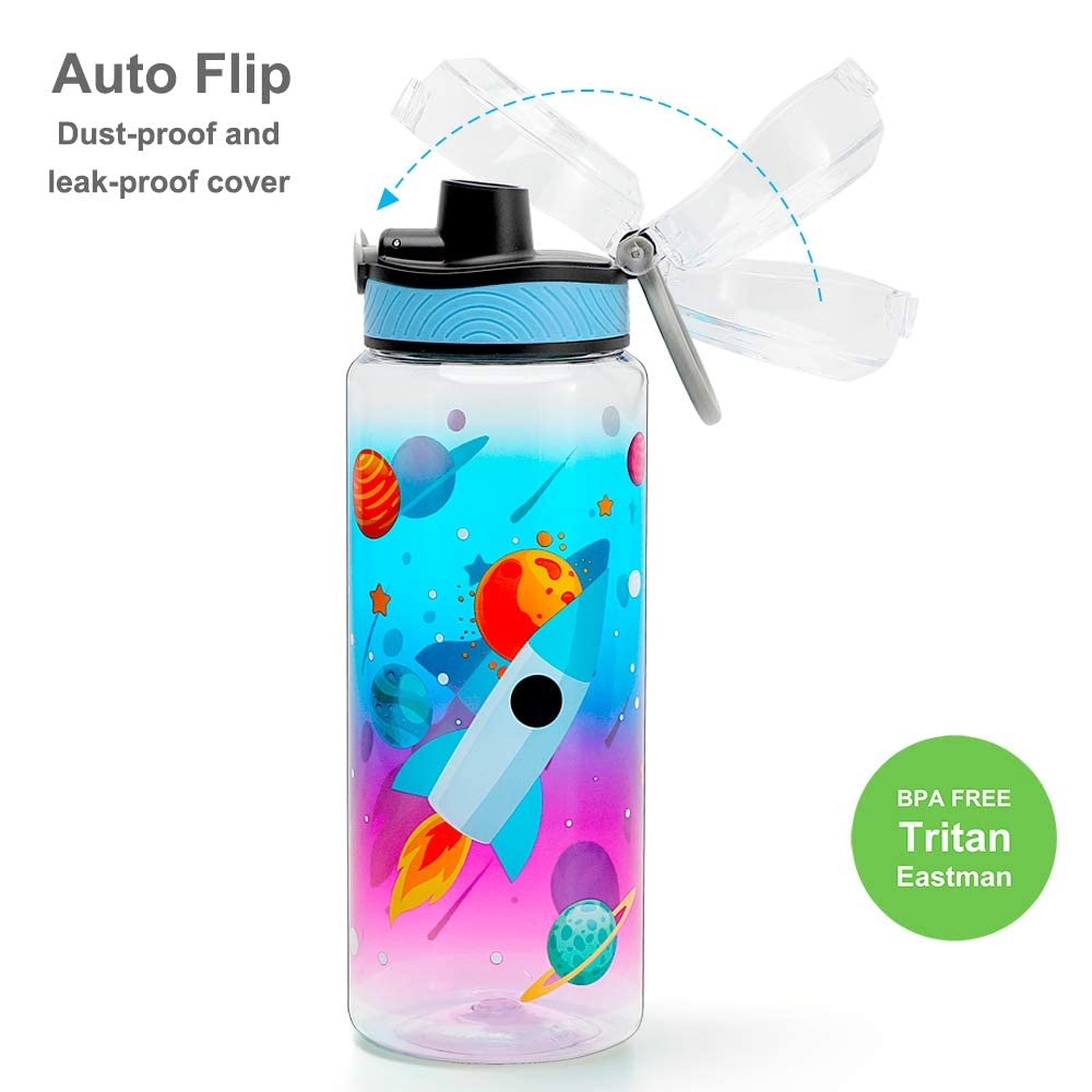 Home Tune 23oz Kids Water Bottle for School Boys, BPA FREE Tritan, Leak Proof Flip Top Lid, Easy Clean, Carry Handle - Rocket