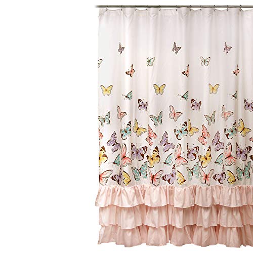 Lush Decor Flutter Butterfly Shower Curtain 72" W x 72" L Pink - Fabric Shower Curtains for Bathroom - Ruffle Bathroom Curtain - Pink Decor