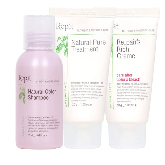 Repit Travel Size Nature Color Shampoo,Treatment & Rich Cream Set Contains Sacha Inchi, Omega 3,6,9 for All Hair Types, Restore Dry and Damaged Hair