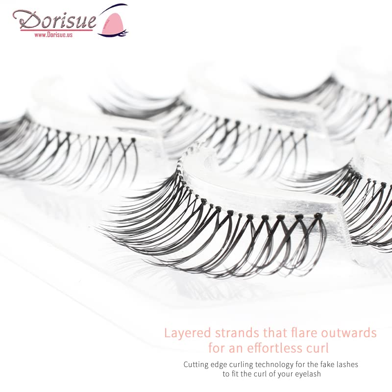 Dorisue Natural Round Eyes False Eyelashes - Ultra-Thin Invisible Band Dolly Eye Lashes for Natural Volume Look, 5-10mm Center Length, 4 Pairs (E6)