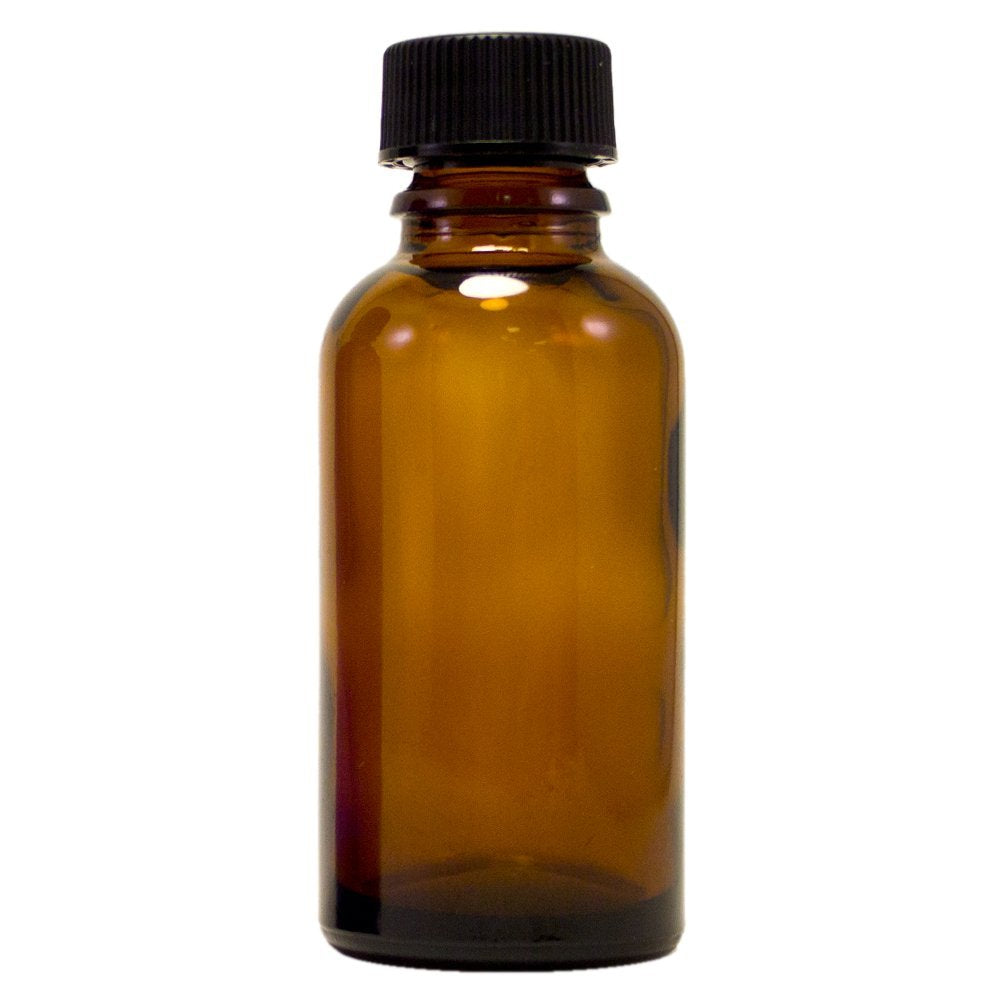 GreenHealth Pack of 4-1oz Amber Glass Bottles for Essential Oils - Mini Boston Round Bottles with Lids - Black Plastic Cap