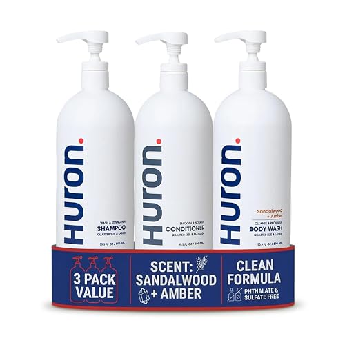 Huron Shower Kit for Men and Women - Shampoo, Conditioner & Body Wash with Sandalwood + Amber Scent, Hydrating, Phthalate-Free, non-toxic Ingredients