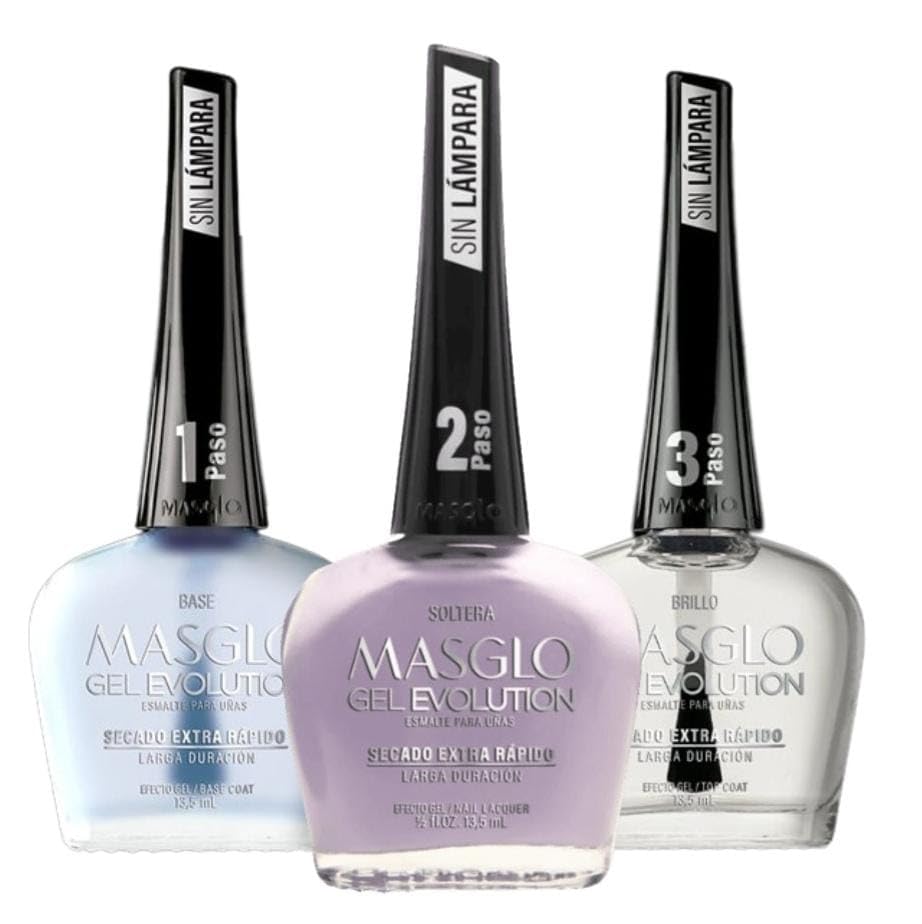 MASGLO GEL EVOLUTION Nail Polish Gel Effect, No UV/Led Lamp, Duration Up to 12 days, 3 PCs -Base, Esmalte Color, Brillo - Efecto Gel sin necesidad de Beauty & Personal Care MASGLO