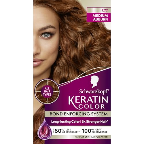 Schwarzkopf Keratin Color Permanent Hair Color, 7.7 Medium Auburn - Professional Quality Permanent Hair Dye, Up to 100% Gray Coverage - 1 Application