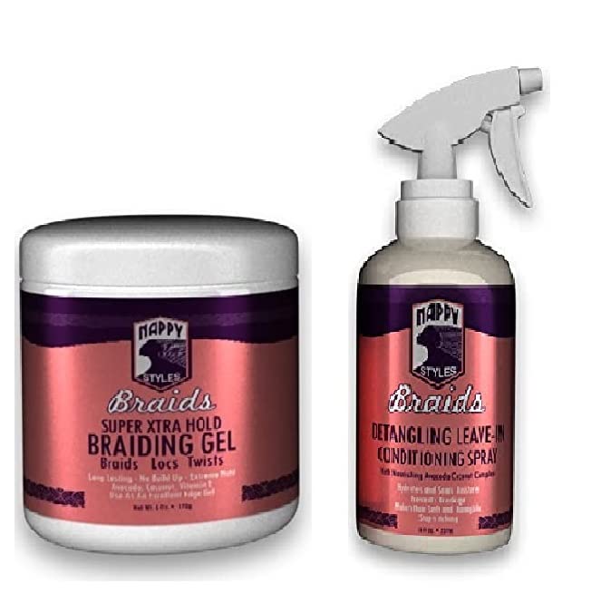 Nappy Styles Braids Braiding Gel Super Xtra Hold 6 Oz and Leave In Conditioner Spray (GEL AND SPRAY)