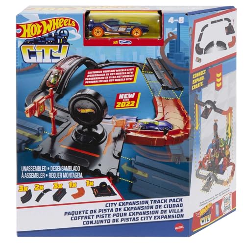Hot Wheels Toy Car Track Set Pack, 10 Track-Building Parts with City Square, Bridge & 1:64 Scale Vehicle, Connects to Other Tracks