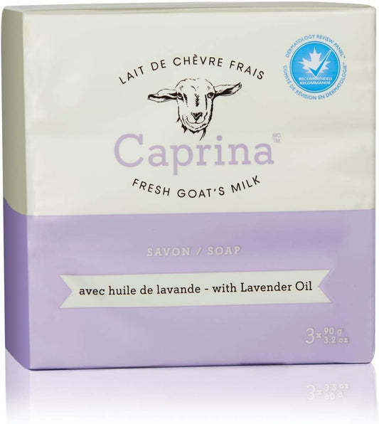 Caprina by Canus Goat Milk Soap Bar, LAVENDER OIL, 3.2 oz (90 g) Bars, 3-Pack, Moisturizing Daily Cleanser for Face, Hands & Body, Fresh Canadian Goat