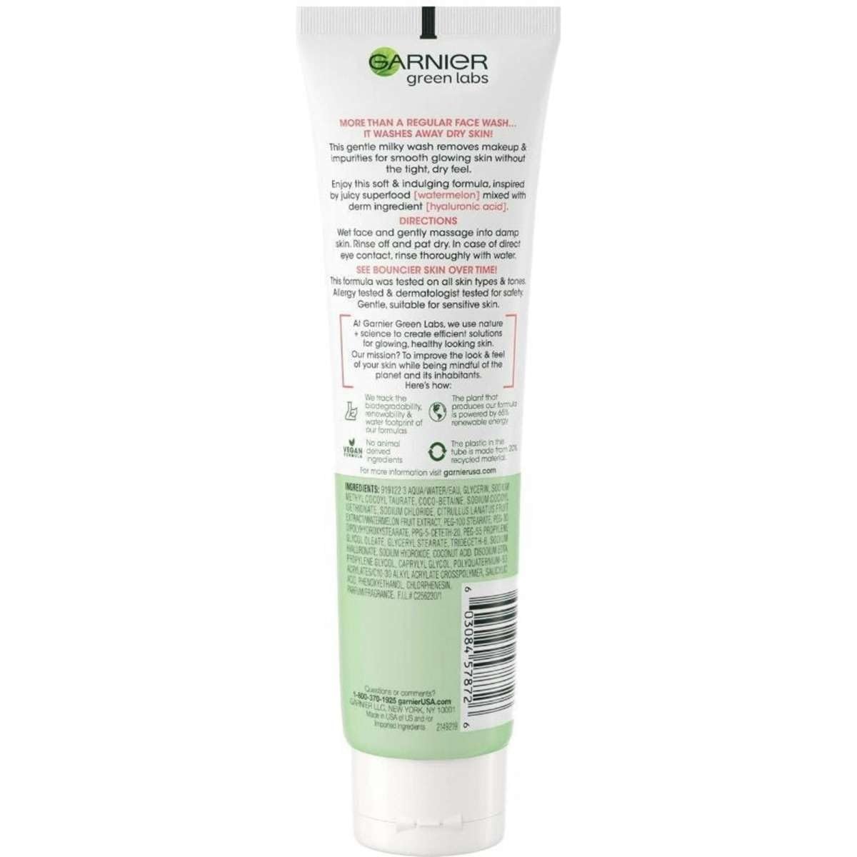 Garnier SkinActive Green Labs Hyalu-Melon Smoothing Milky Washable Cleanser with Hyaluronic Acid + Watermelon for Dehydrated Skin, Fine Lines